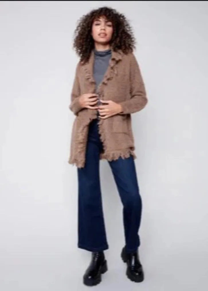 Charlie B - Boucle Cardigan With finged Shawl Neck - Truffle