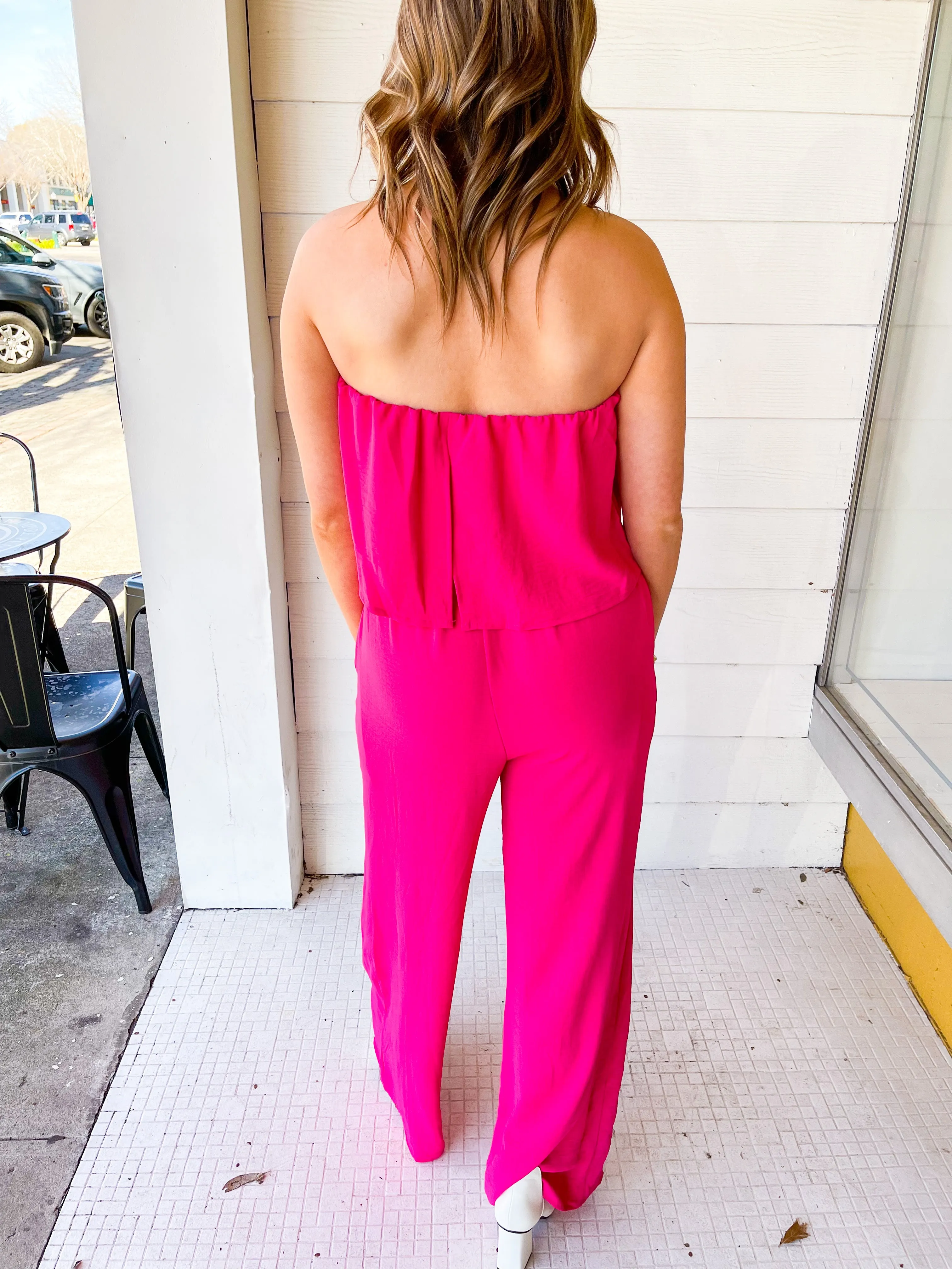 Chesley Strapless Ruffle Jumpsuit- Hot Pink