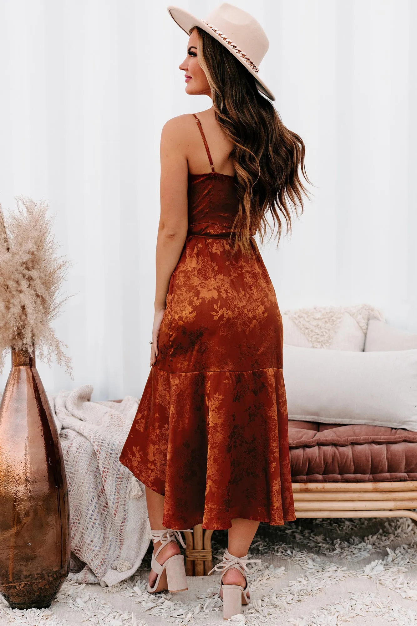 Cocktails & Confidence High-Low Ruffled Wrap Dress (Rust)