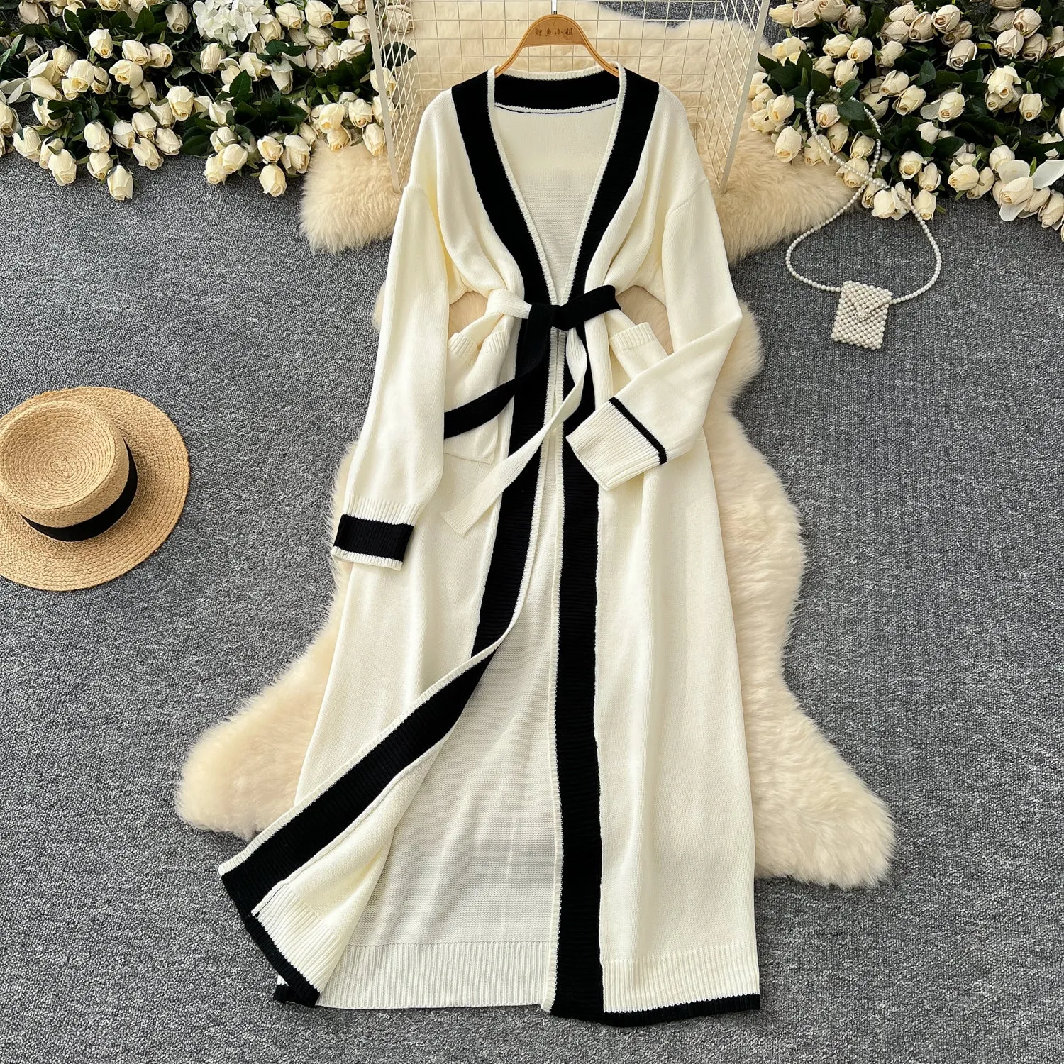 Color Blocking Lace-up Long Cardigan