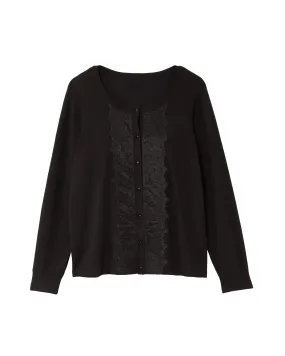 Cory Long Sleeve Cardigan with Lace Applique | Black
