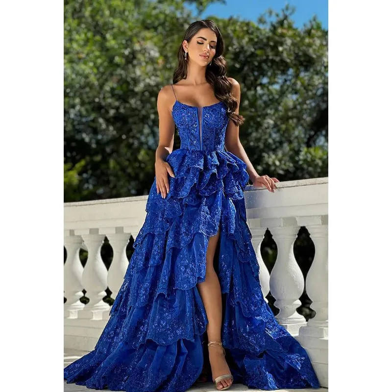 Couture & Ornate A-Line Spaghetti Straps Square Side Slit Applique Evening Prom Dress