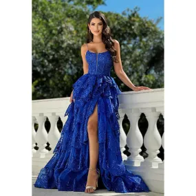 Couture & Ornate A-Line Spaghetti Straps Square Side Slit Applique Evening Prom Dress
