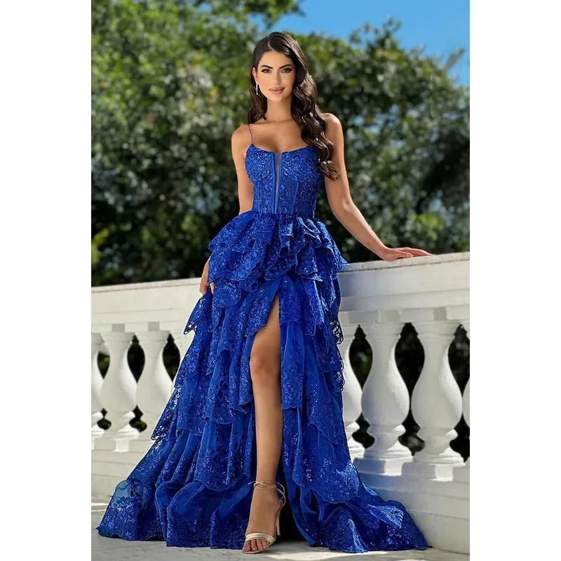 Couture & Ornate A-Line Spaghetti Straps Square Side Slit Applique Evening Prom Dress