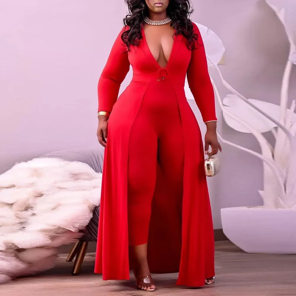 Deep V Neck Jumpsuit Dress for Women