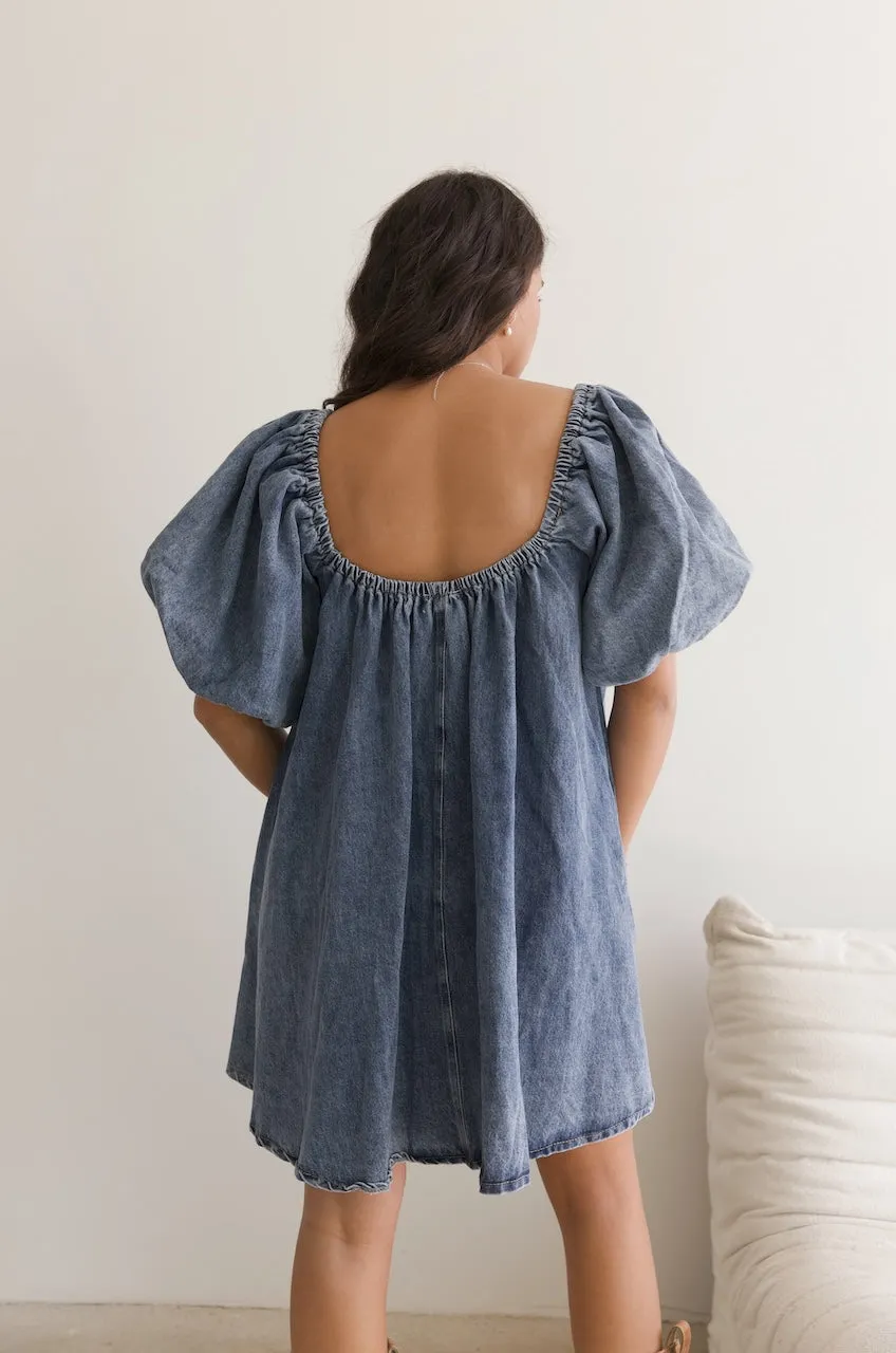 Denim Puff Sleeve Mini Dress