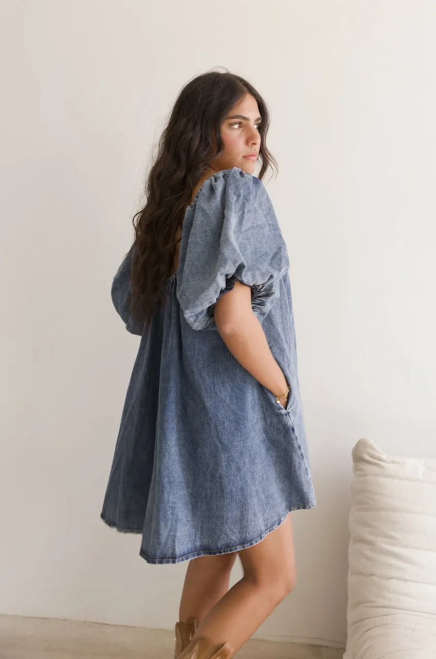 Denim Puff Sleeve Mini Dress