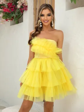 Elegant Tube Top Mesh Ruffle Party Dress
