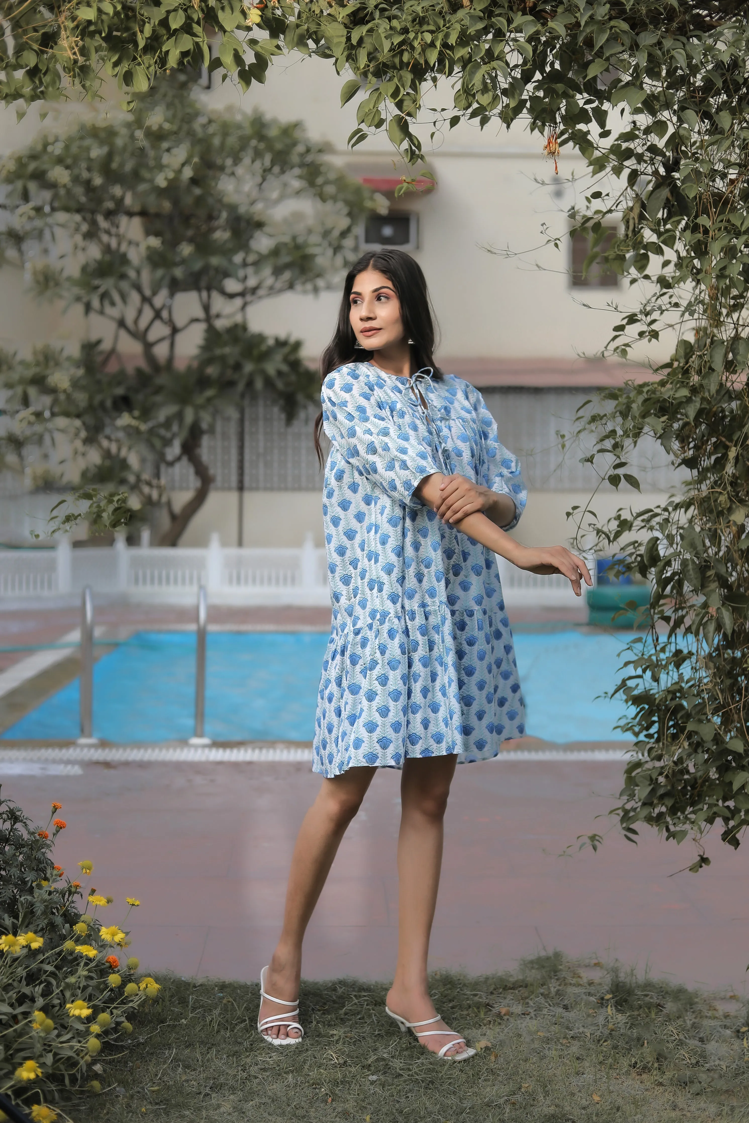 emma cotton floral print mini dress on white base