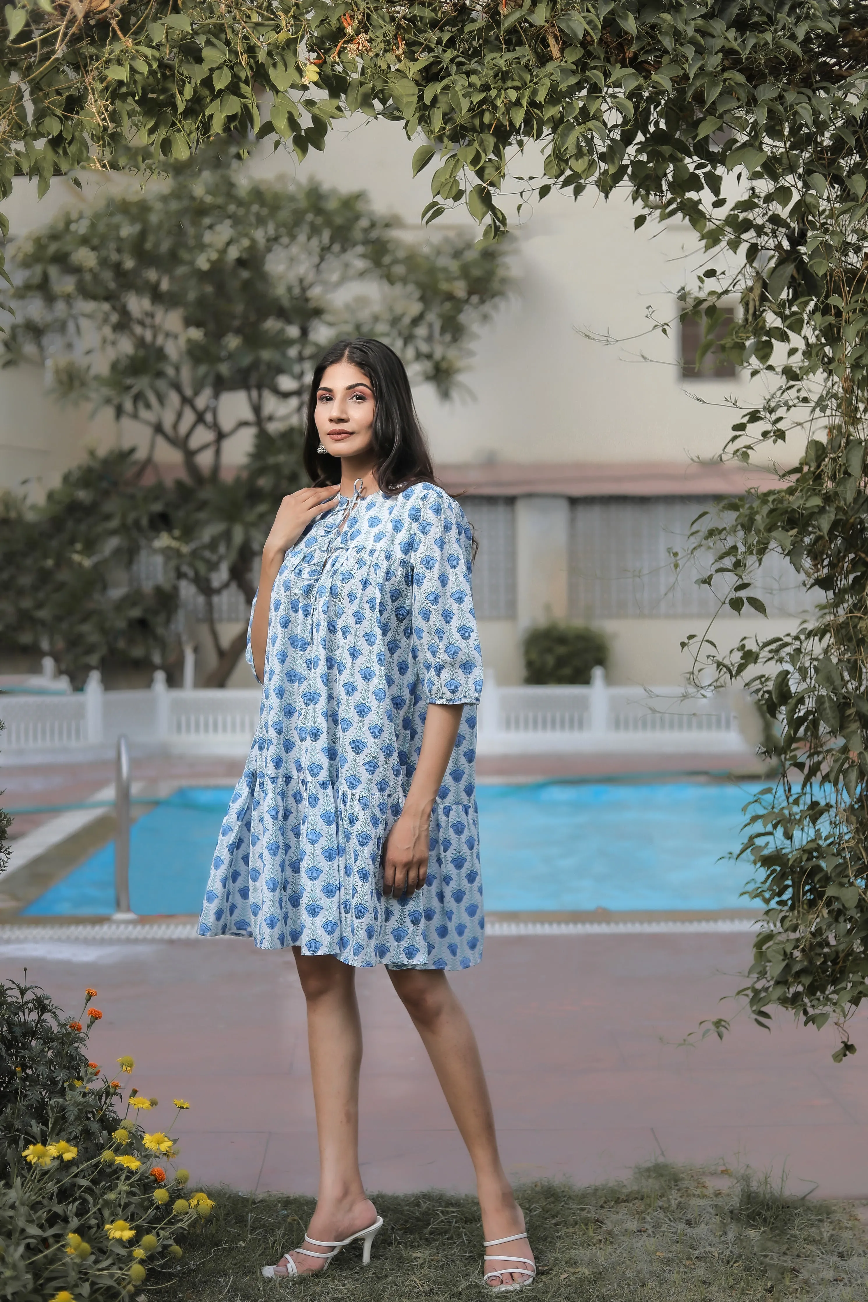 emma cotton floral print mini dress on white base
