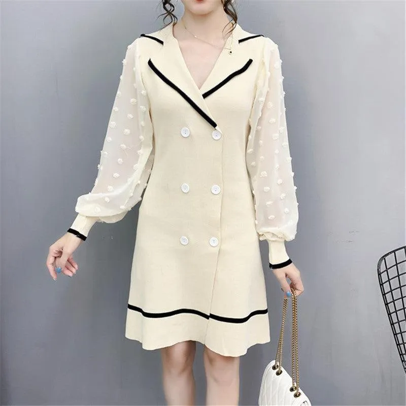 French Double-breasted Sweater Dress Long-sleeved Knitted Dress