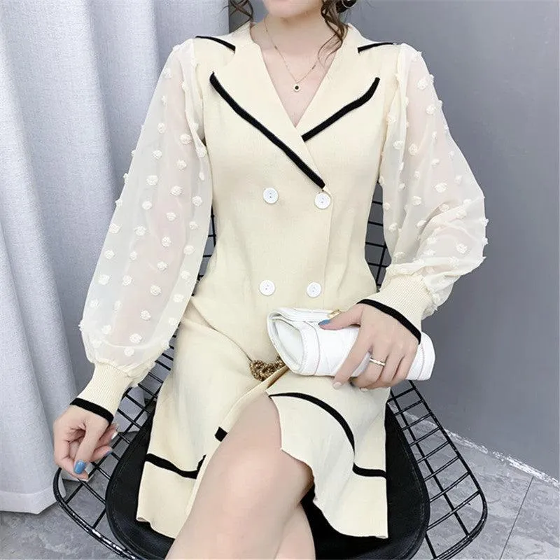 French Double-breasted Sweater Dress Long-sleeved Knitted Dress