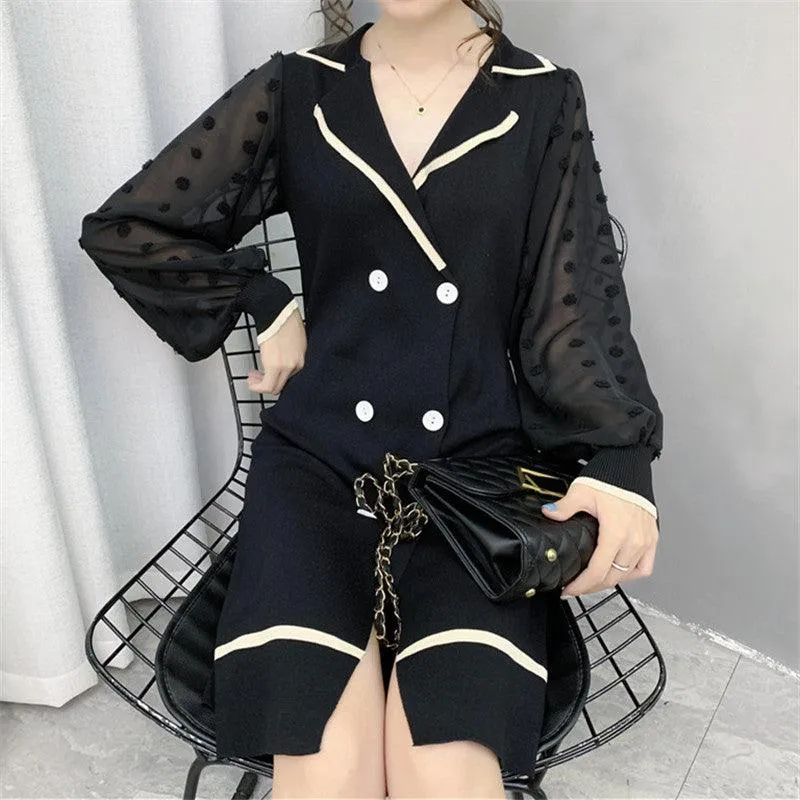 French Double-breasted Sweater Dress Long-sleeved Knitted Dress