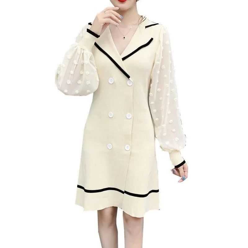 French Double-breasted Sweater Dress Long-sleeved Knitted Dress
