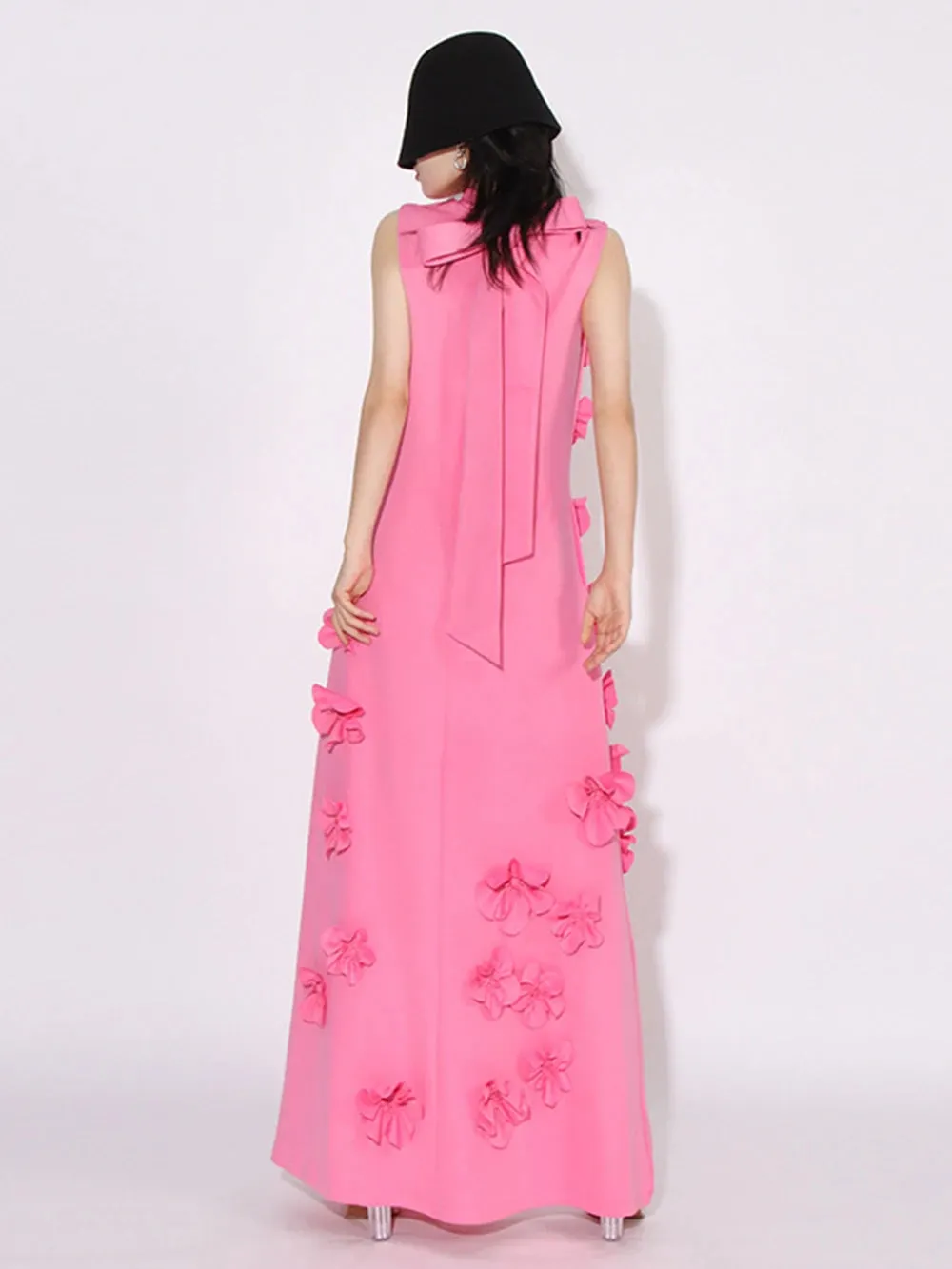 French Pink 3D Flower Appliques Sheath Maxi Dress