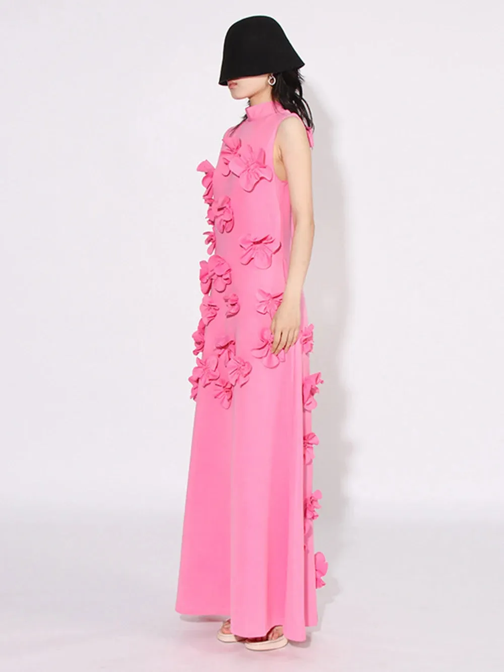 French Pink 3D Flower Appliques Sheath Maxi Dress