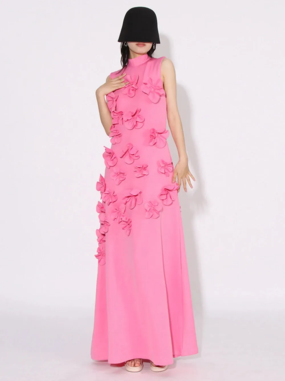 French Pink 3D Flower Appliques Sheath Maxi Dress