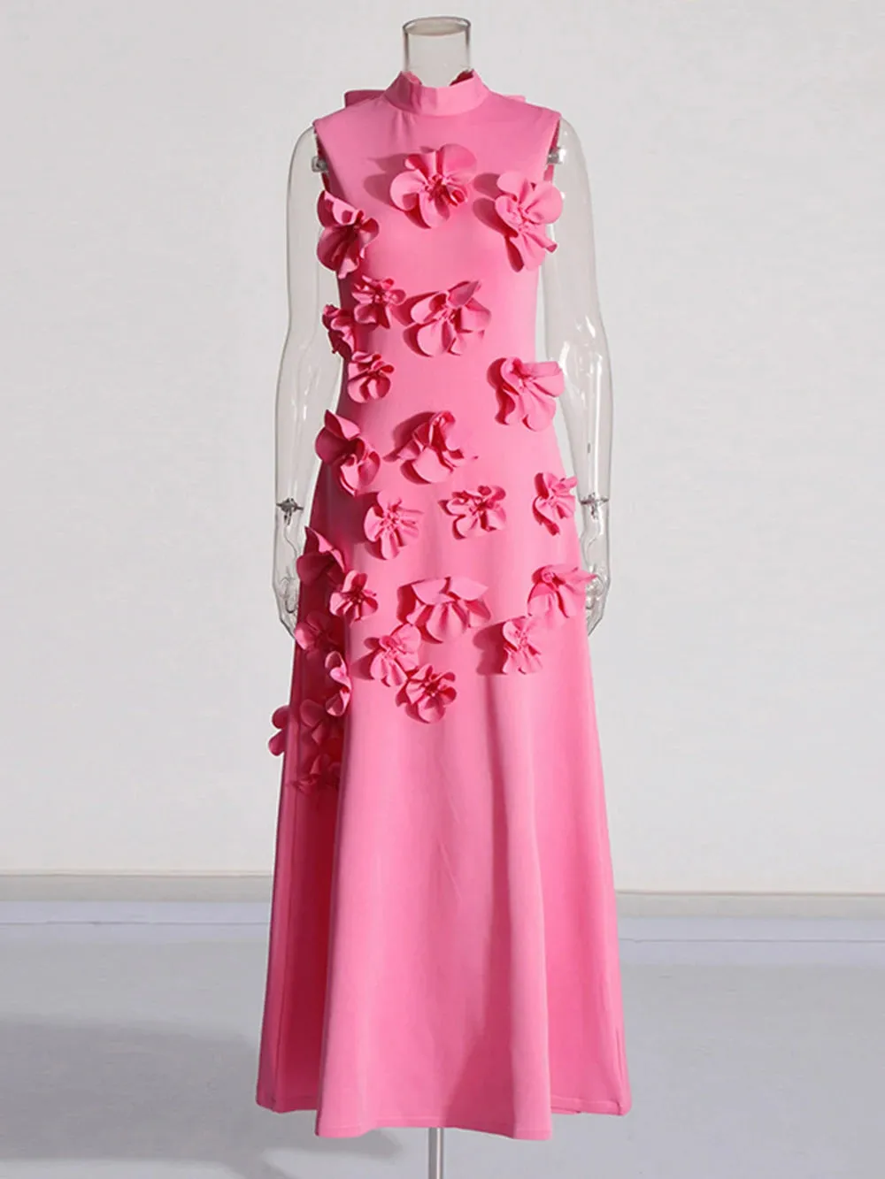 French Pink 3D Flower Appliques Sheath Maxi Dress