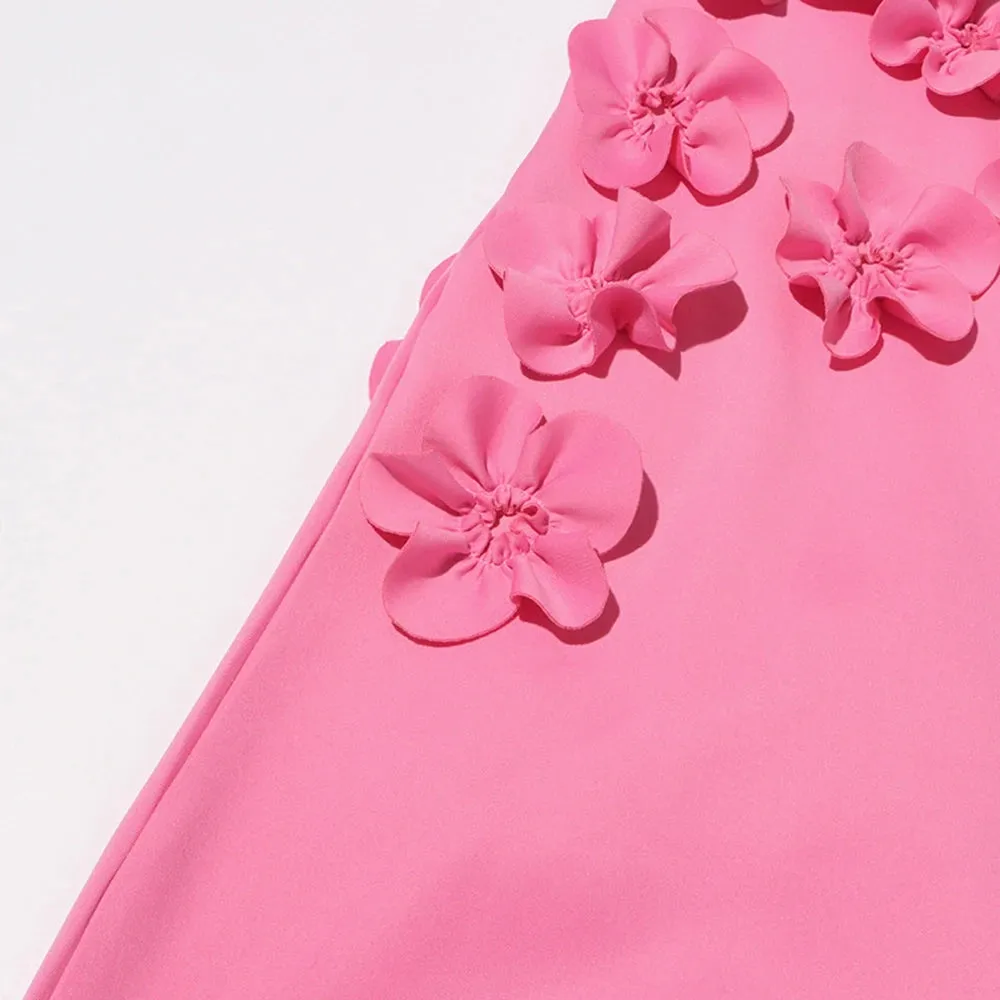 French Pink 3D Flower Appliques Sheath Maxi Dress