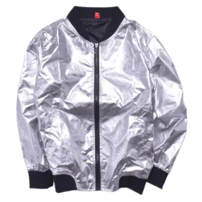 Futuristic Metallic Men Jacket in Gold and Silver Laser Stand Collar Cardigan