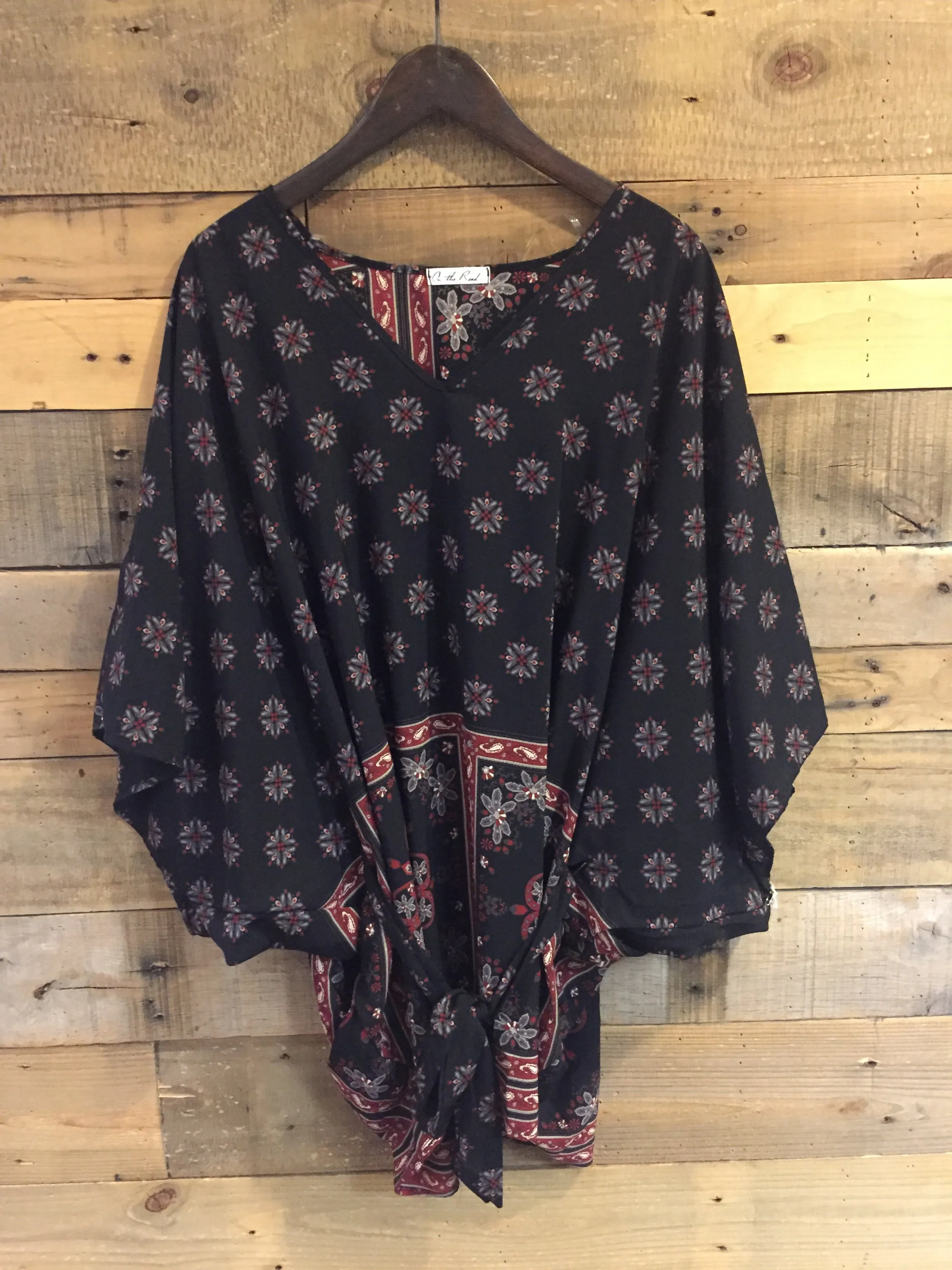 Ginny Black Patterned Tie Waist Poncho Blouse