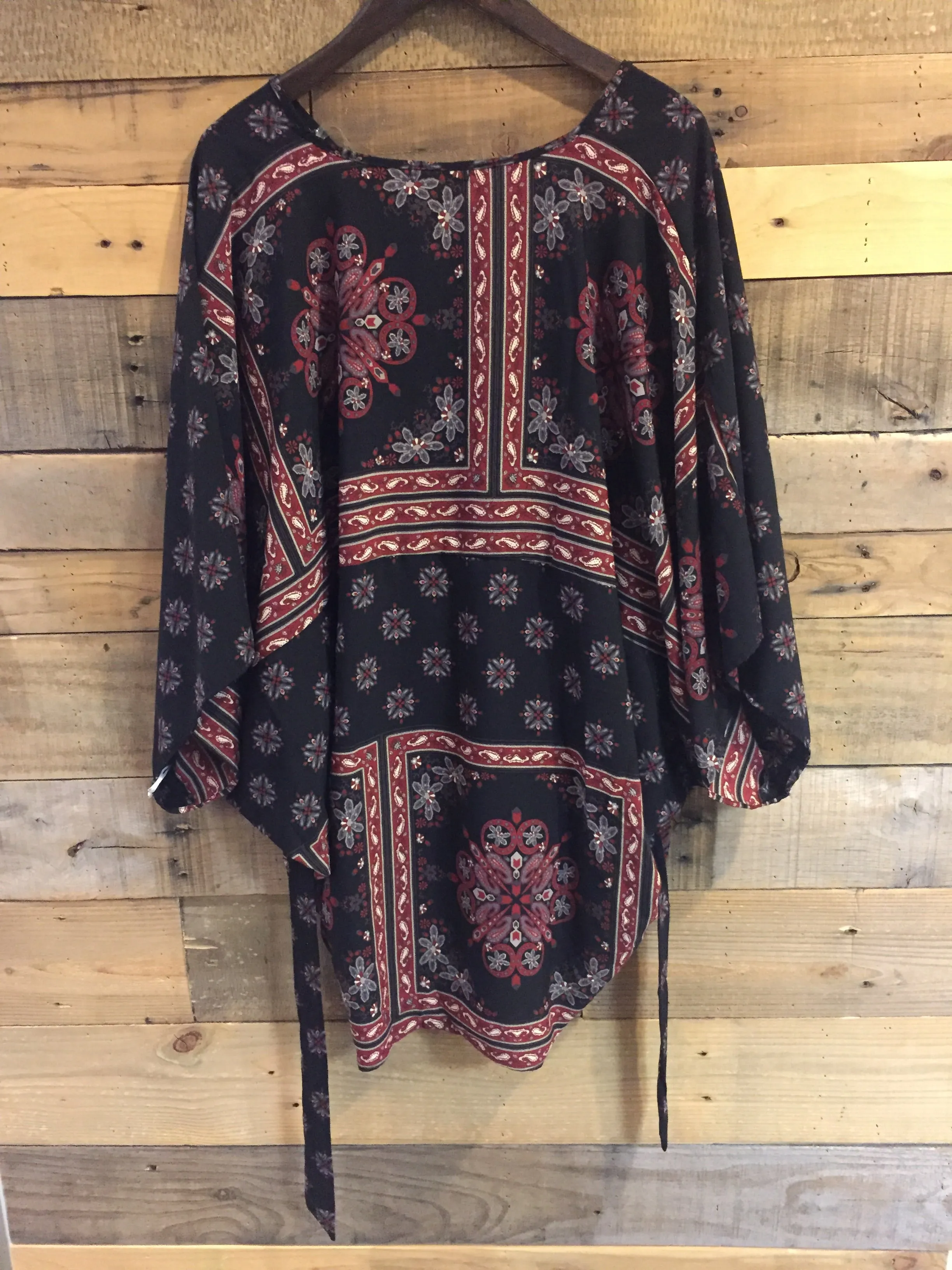 Ginny Black Patterned Tie Waist Poncho Blouse