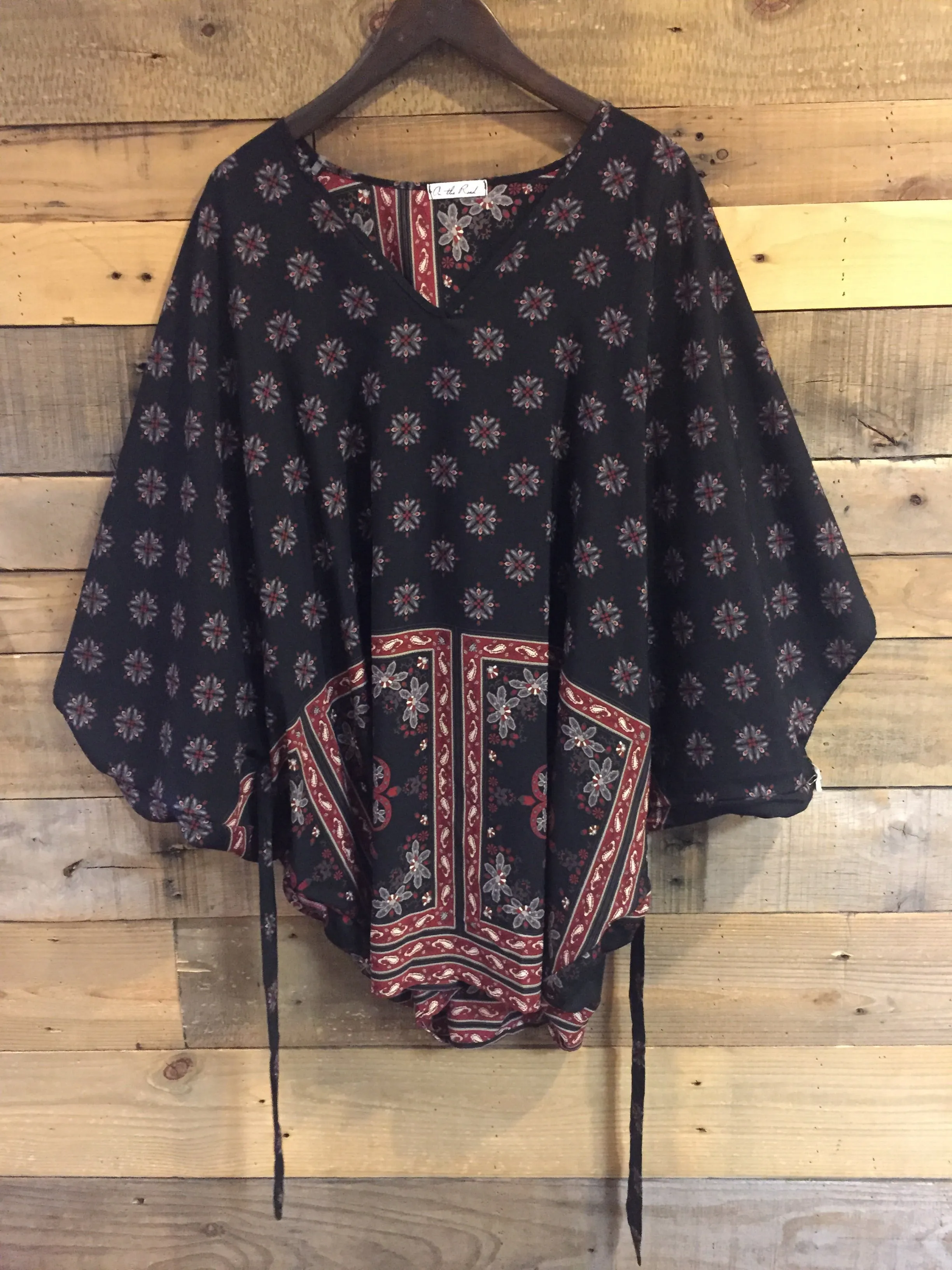 Ginny Black Patterned Tie Waist Poncho Blouse