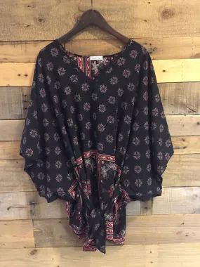 Ginny Black Patterned Tie Waist Poncho Blouse