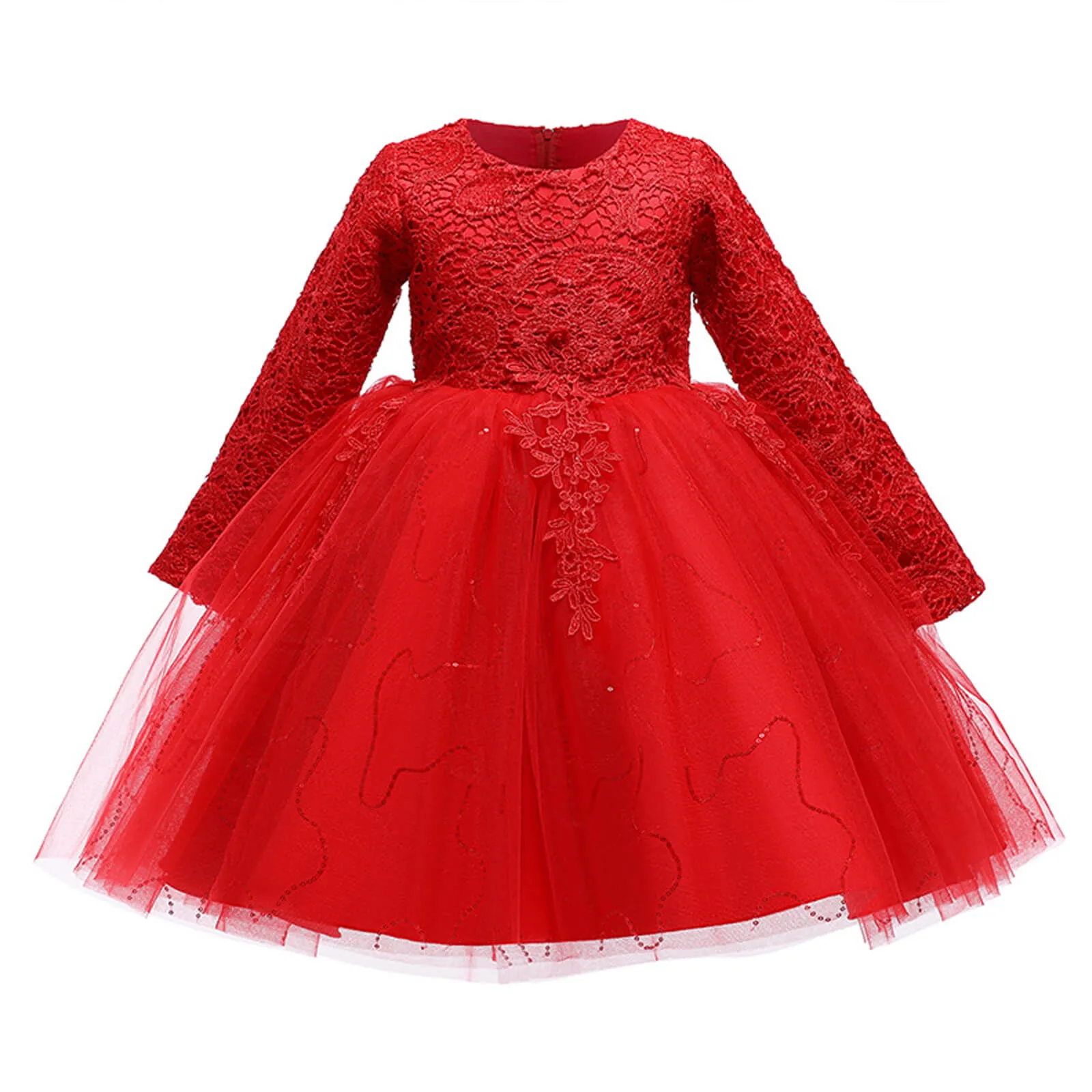 Girls Long Sleeve Flower Dress Multi-layer Lace Tulle Thick Pageant Dresses