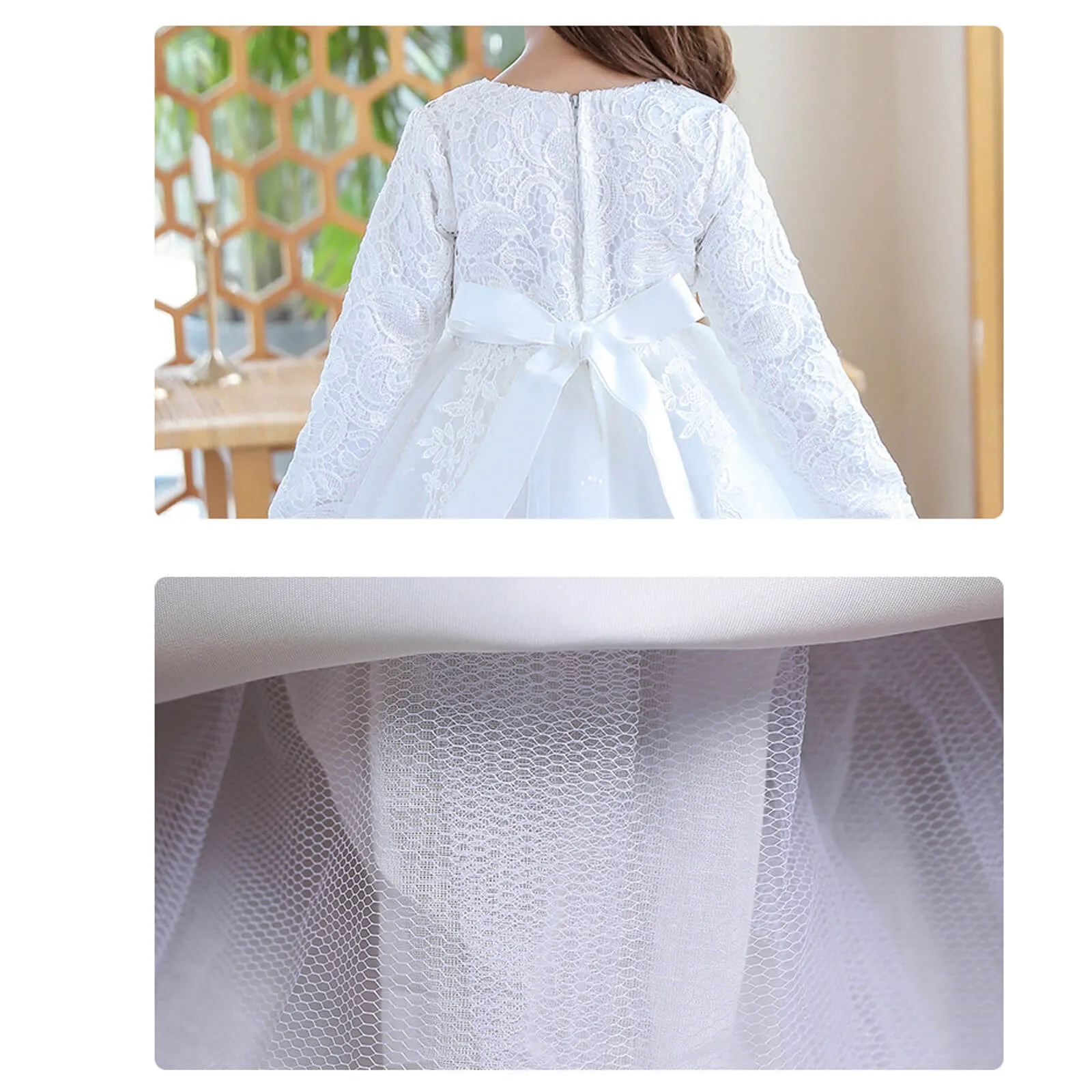 Girls Long Sleeve Flower Dress Multi-layer Lace Tulle Thick Pageant Dresses