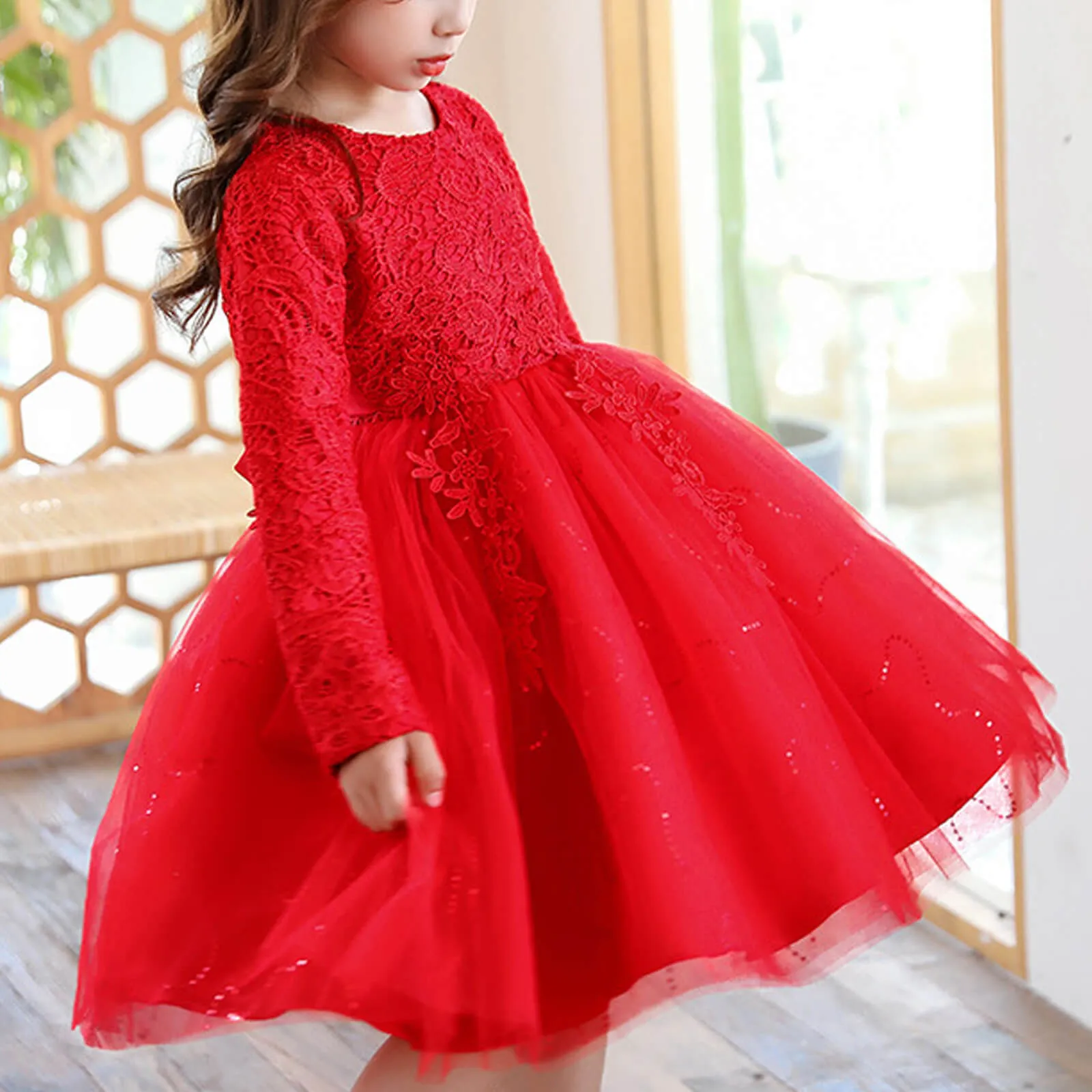 Girls Long Sleeve Flower Dress Multi-layer Lace Tulle Thick Pageant Dresses