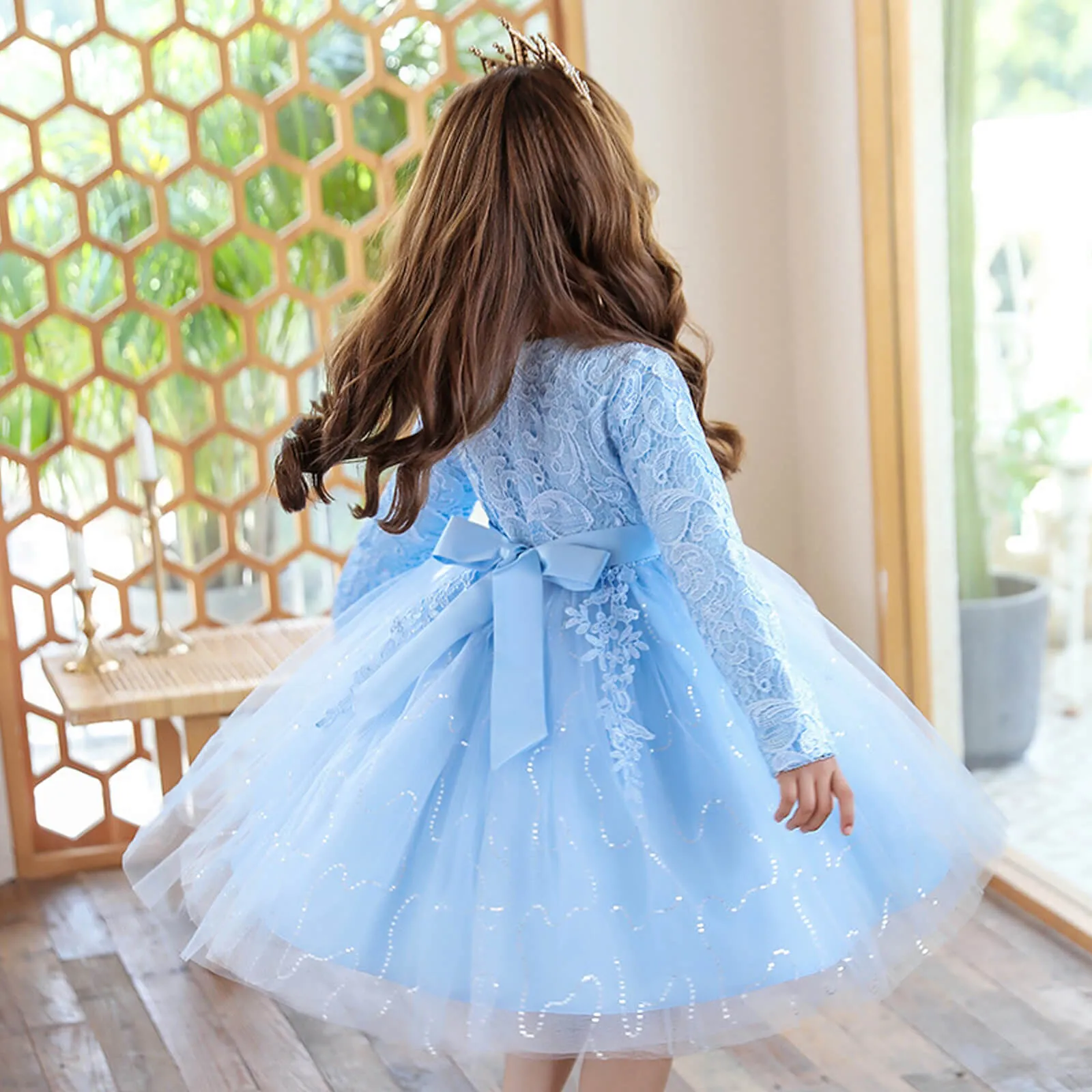 Girls Long Sleeve Flower Dress Multi-layer Lace Tulle Thick Pageant Dresses