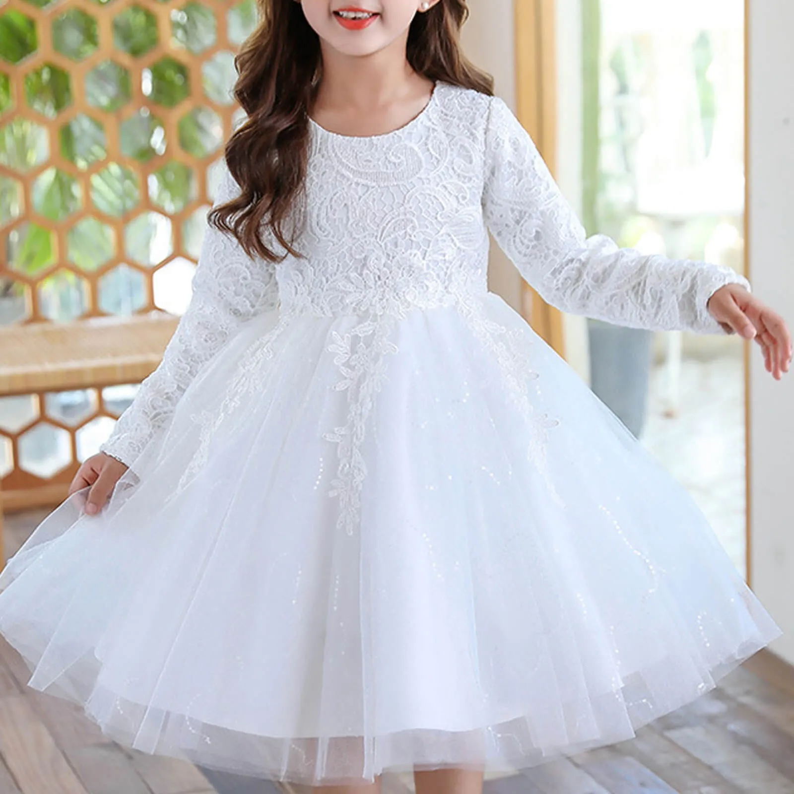 Girls Long Sleeve Flower Dress Multi-layer Lace Tulle Thick Pageant Dresses