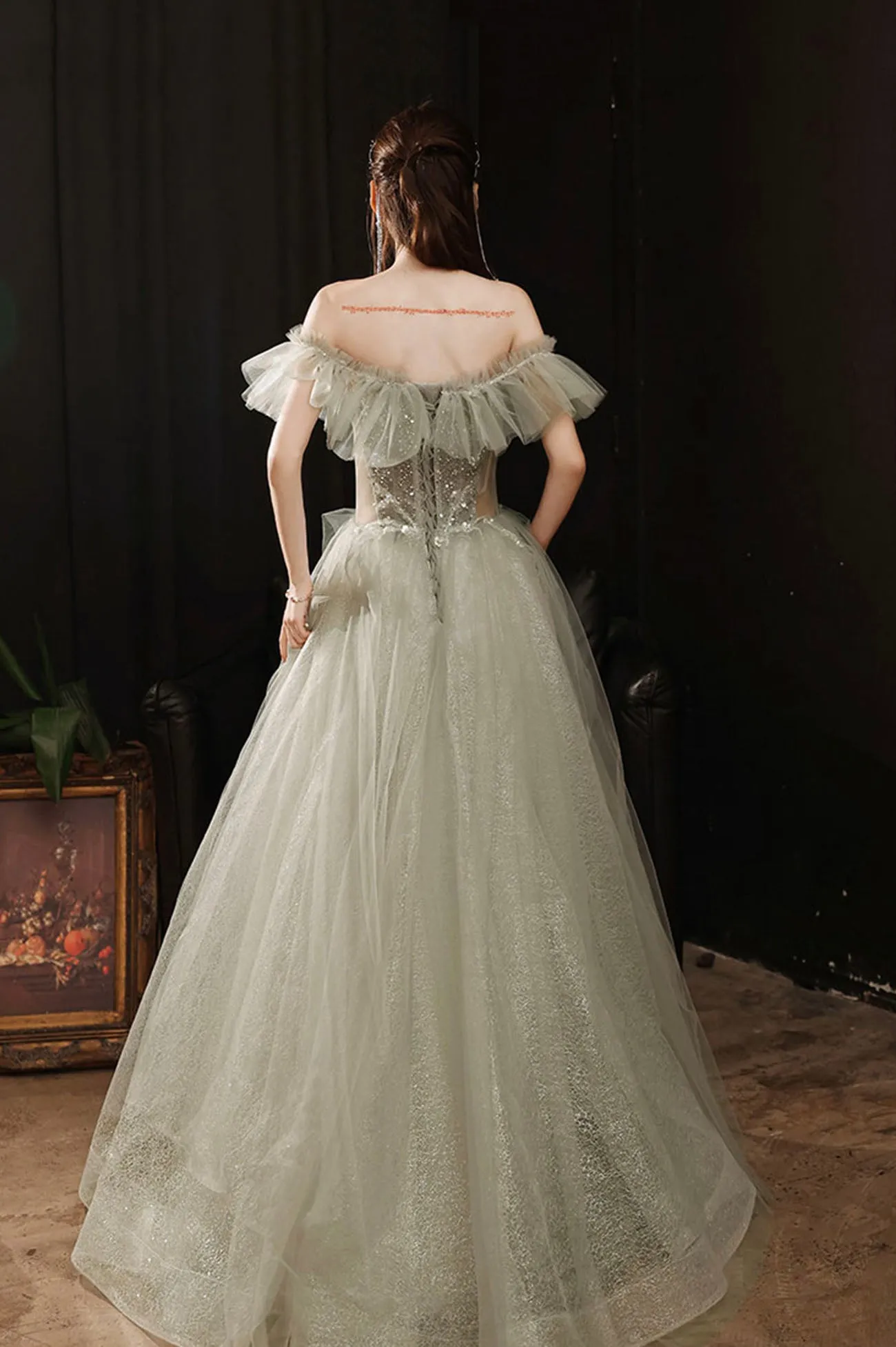 Green Shiny Tulle Long Prom Dress with Sequins, Green Evening Graduation Dress
