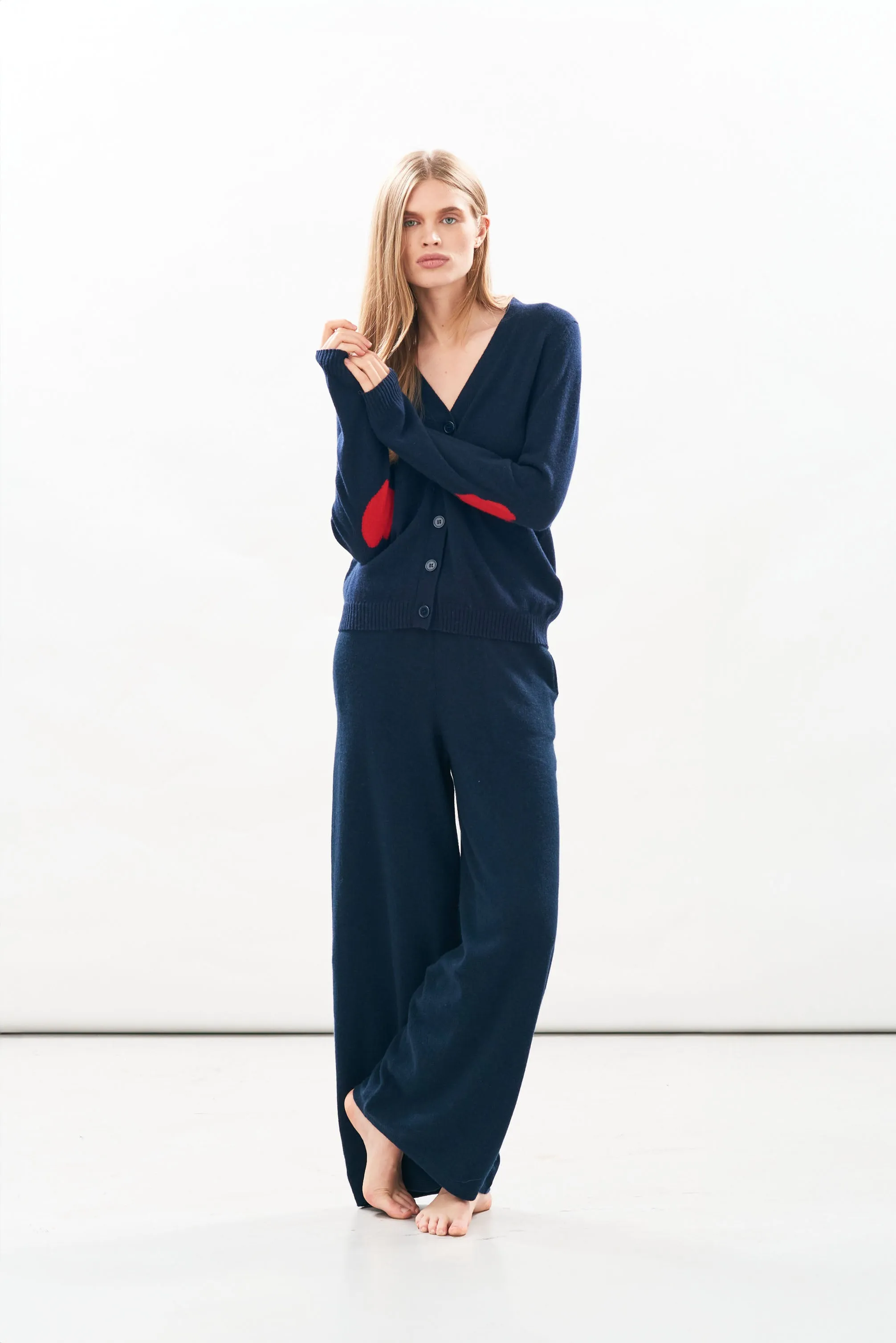 Heart Patch Cashmere Cardigan in Navy and Red