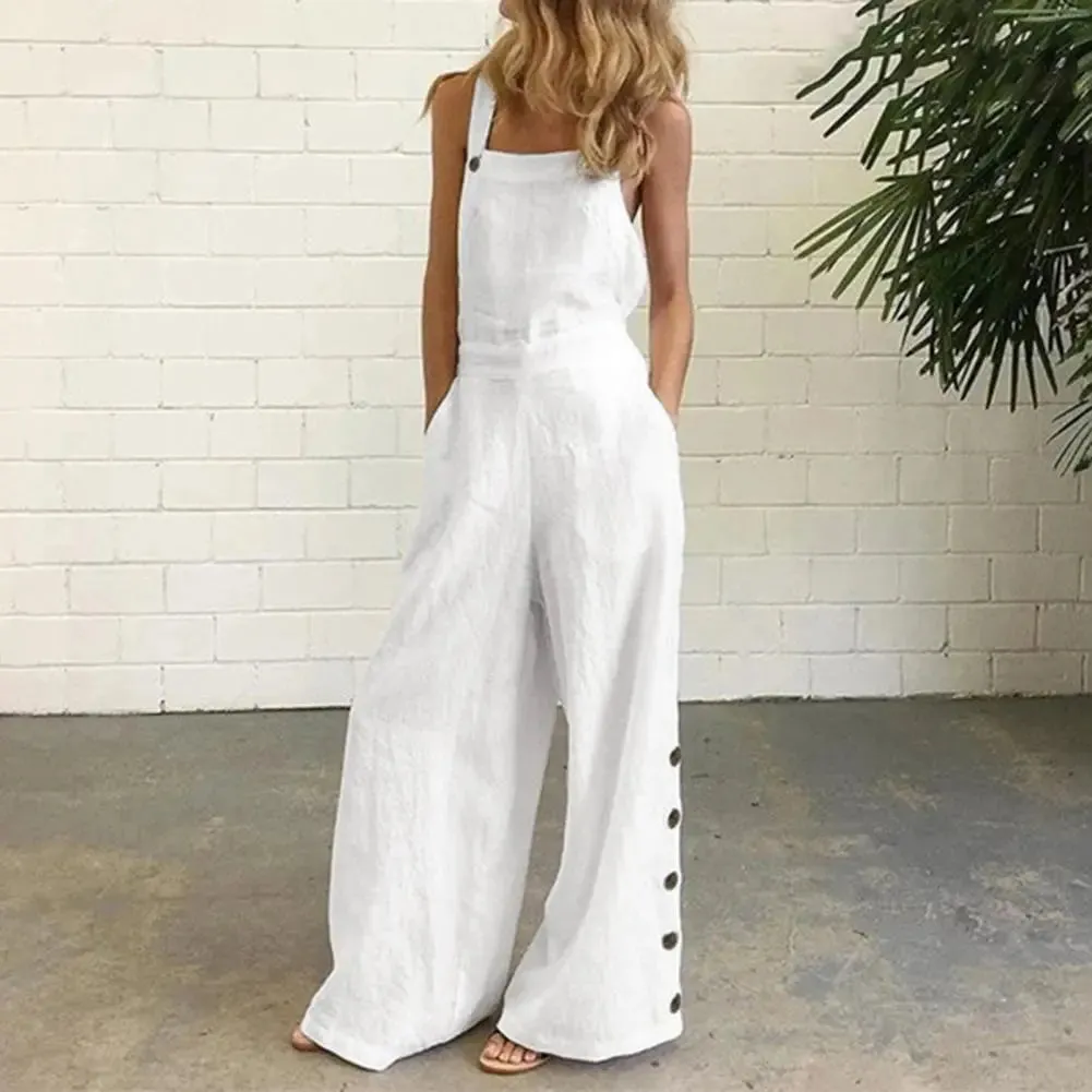 Hot！Women Jumpsuit Rompers Wide Leg Pants Pure Color Low Cut Plus Size Side Buttons Sleeveless Long Trousers Suspenders Playsuit
