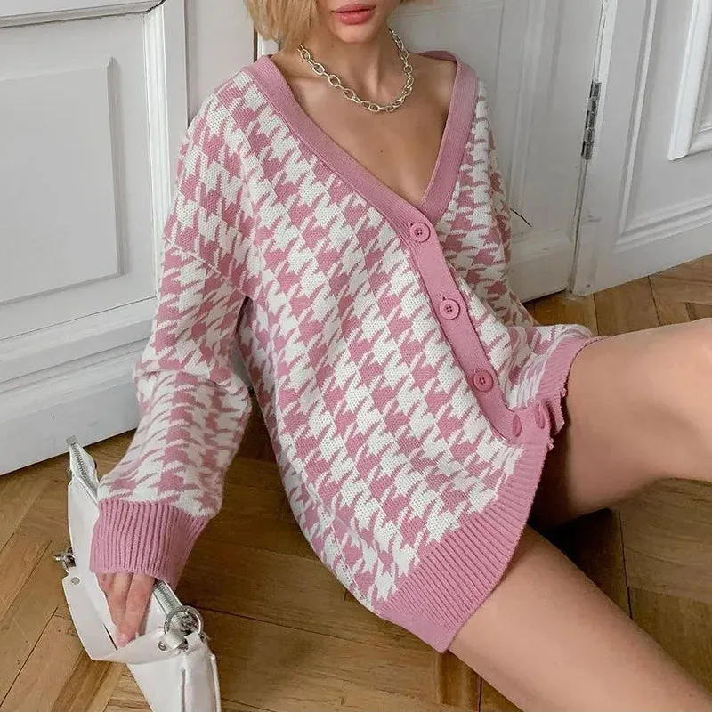 Houndstooth & Trim Casual Grandpa Cardigan
