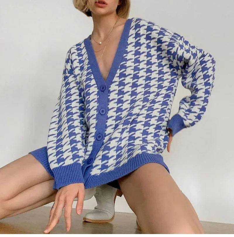 Houndstooth & Trim Casual Grandpa Cardigan