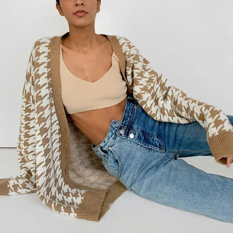 Houndstooth & Trim Casual Grandpa Cardigan