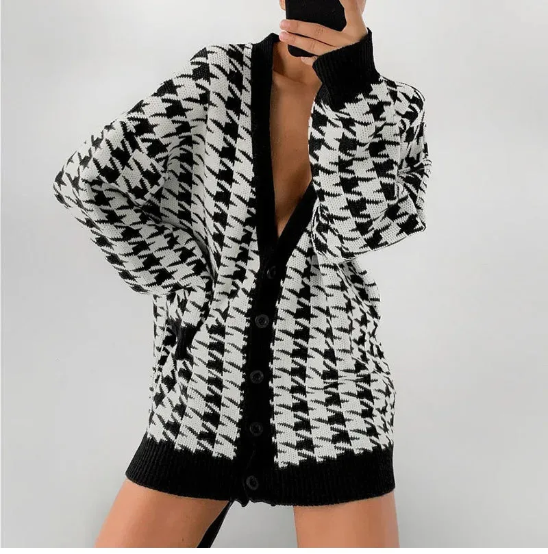 Houndstooth & Trim Casual Grandpa Cardigan