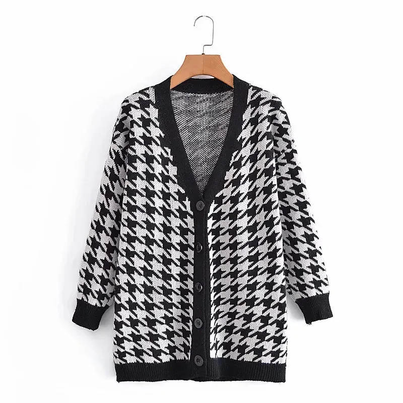 Houndstooth & Trim Casual Grandpa Cardigan