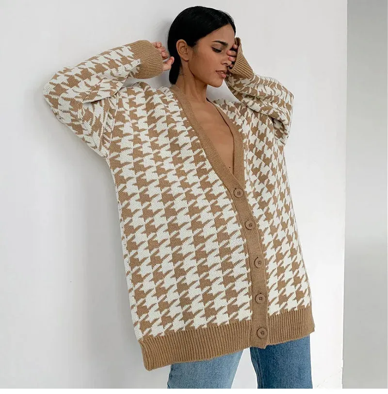 Houndstooth & Trim Casual Grandpa Cardigan