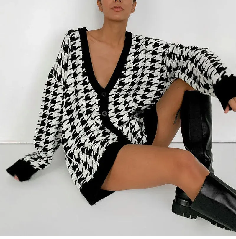 Houndstooth & Trim Casual Grandpa Cardigan