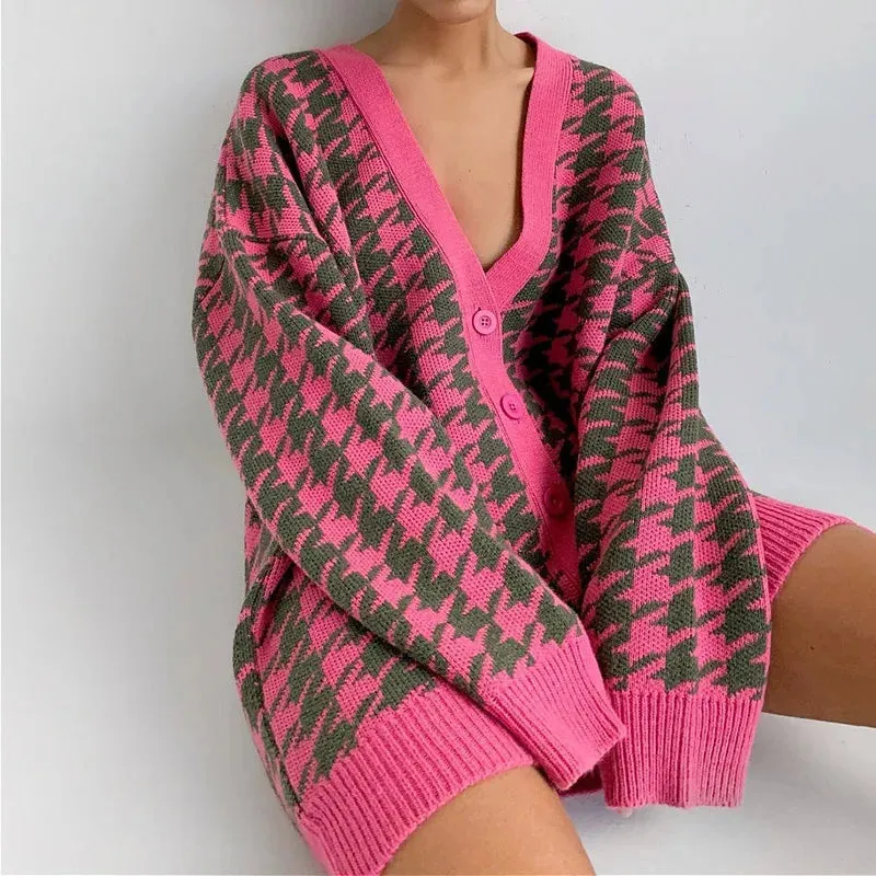 Houndstooth & Trim Casual Grandpa Cardigan