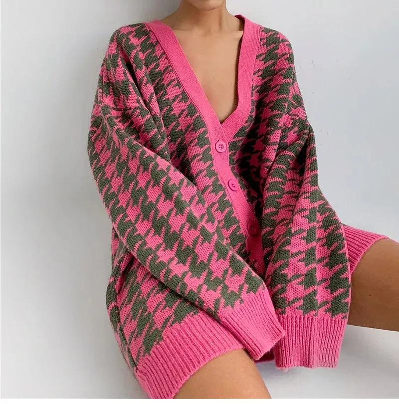 Houndstooth & Trim Casual Grandpa Cardigan
