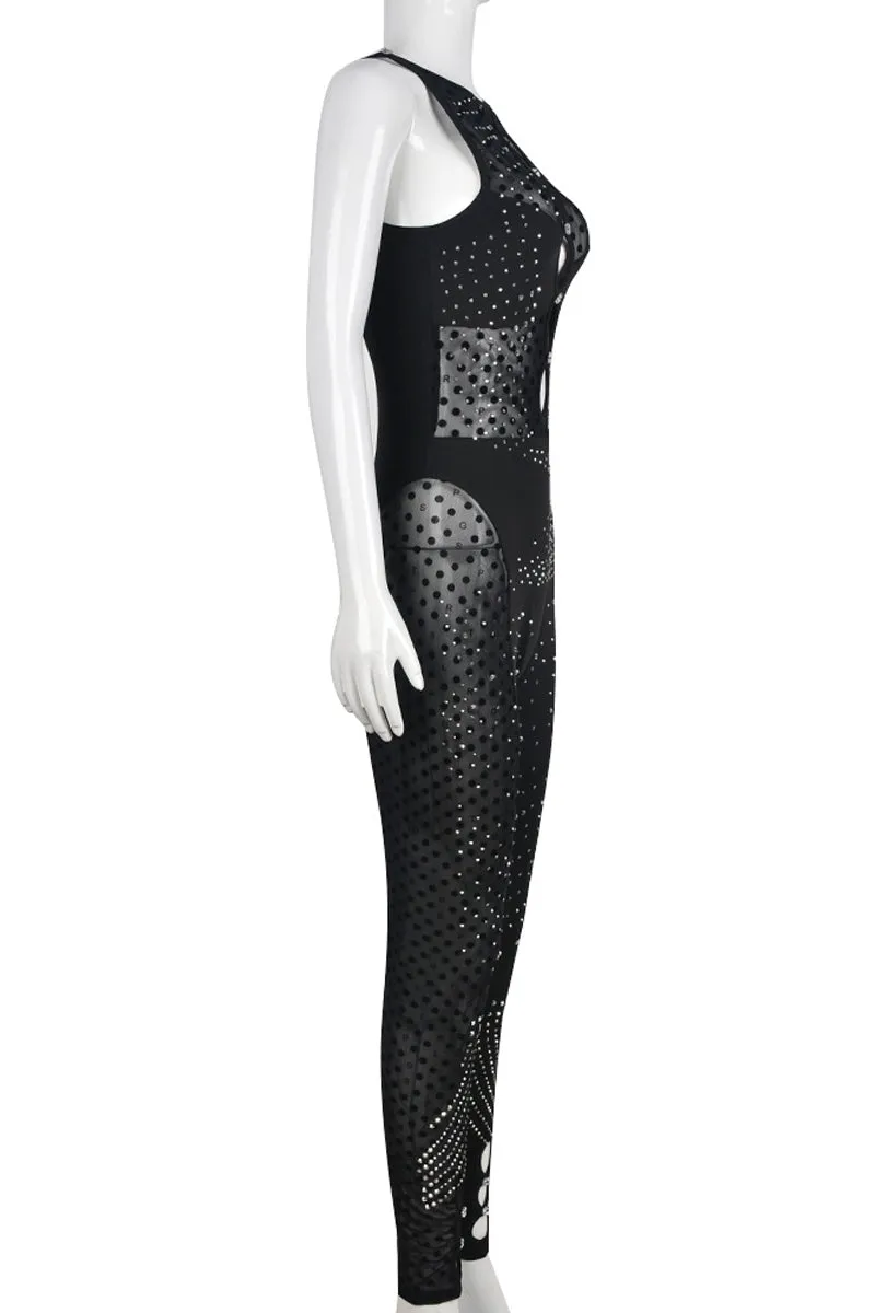 JE642 Rhinestone Cutout Sleeveless Mesh Jumpsuit