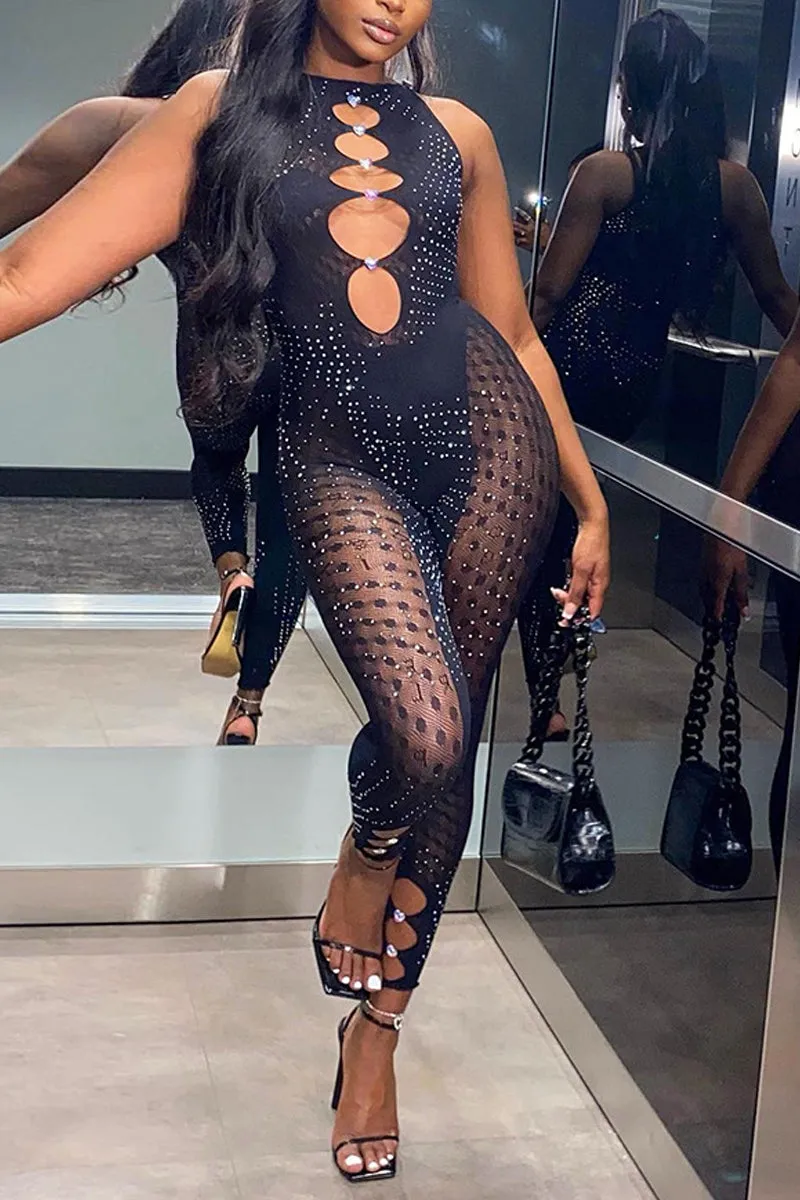 JE642 Rhinestone Cutout Sleeveless Mesh Jumpsuit