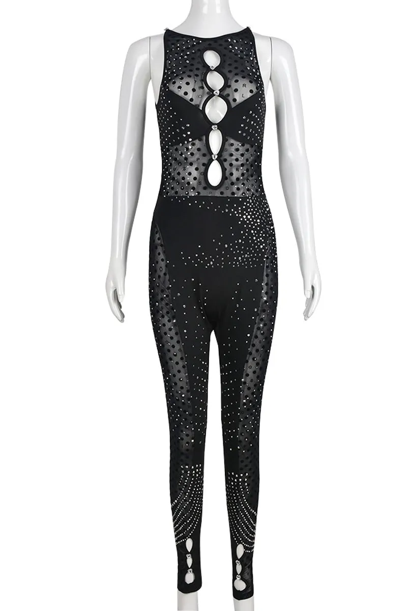 JE642 Rhinestone Cutout Sleeveless Mesh Jumpsuit