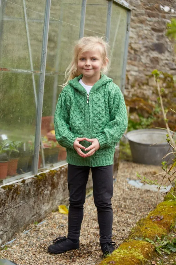 Kids Hooded Aran Zip Cardigan | Green