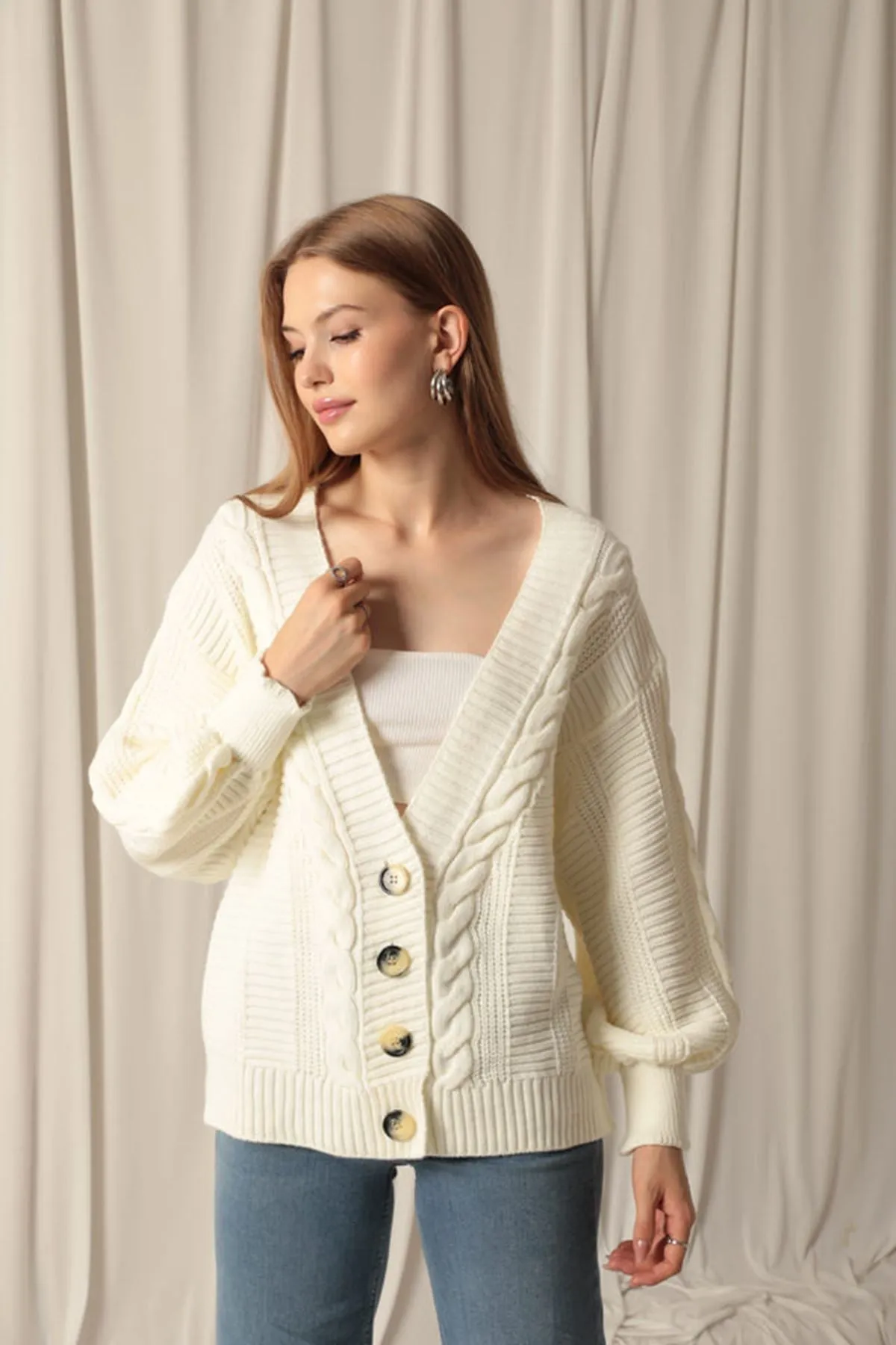 KKT Women's Ecru Cardigan with Knitwear Fabric Knit Detail - Marburg
